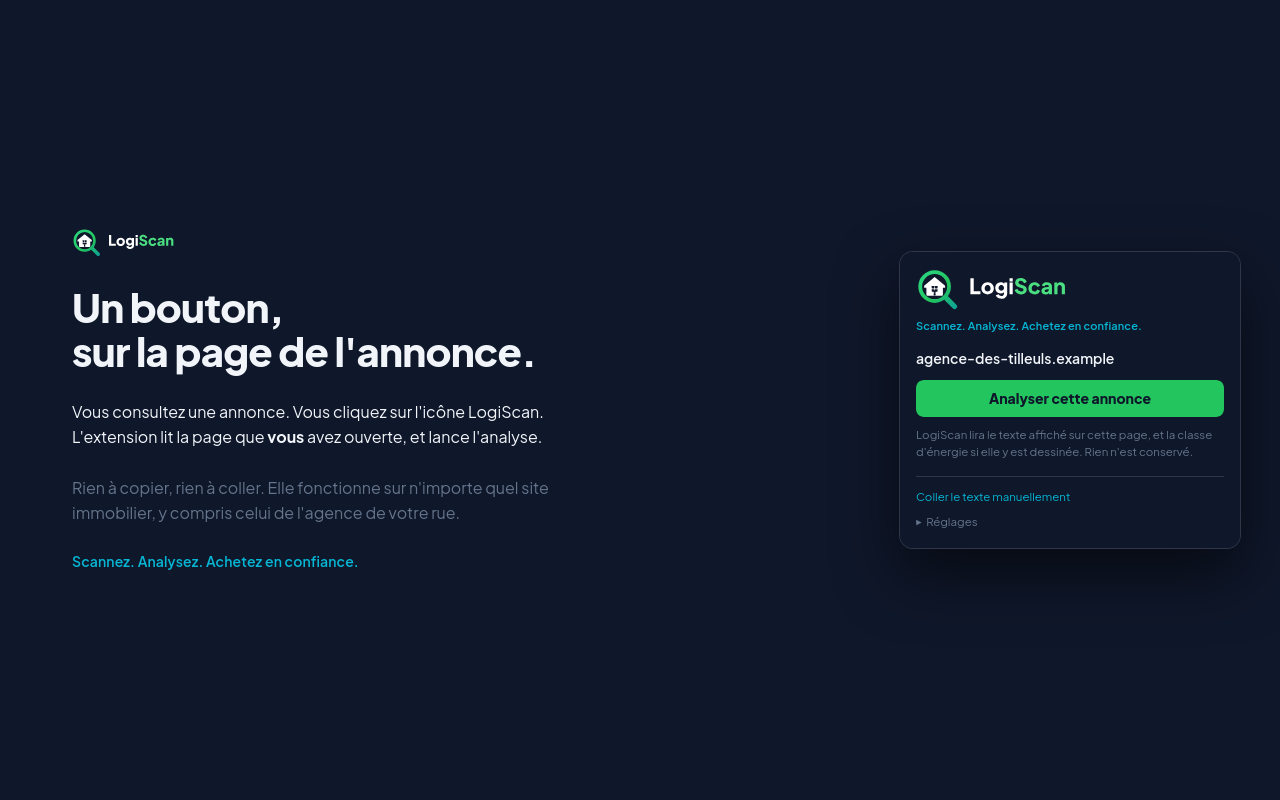 La fenêtre de l'extension ouverte sur une page d'annonce : le nom du
                  site, un bouton « Analyser cette annonce », et la phrase qui dit ce
                  qui sera lu.